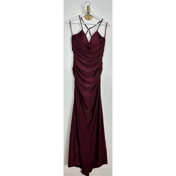 LA FEMME Strappy Back Ruched Trumpet Gown in Dark Berry Size US 12 - Picture 2 of 7